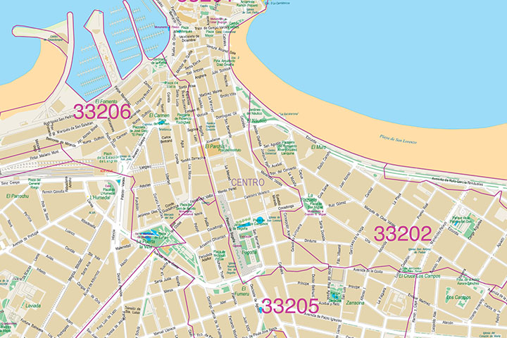 Gijón - plano con códigos postales