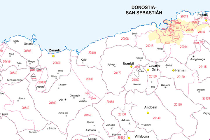 Gipuzkoa - mapa provincial con municipios y Códigos Postales
