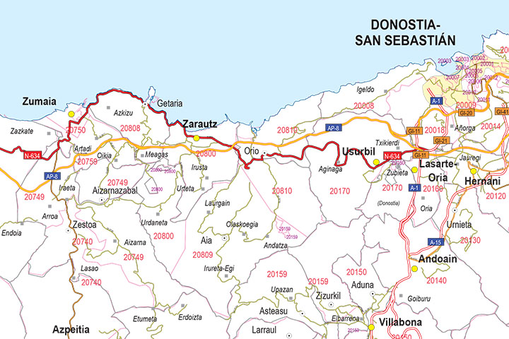 Gipuzkoa - mapa provincial con municipios, códigos postales y carreteras