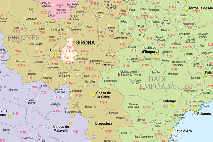 Girona - mapa provincial con municipios, comarcas y códigos postales
