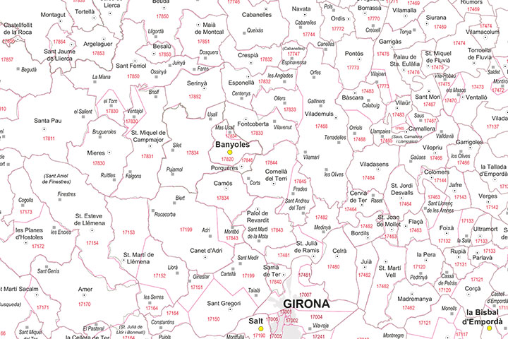 Girona - mapa provincial con municipios y Códigos Postales
