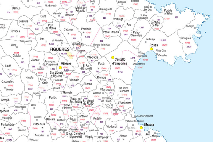 Girona - mapa provincial con municipios, códigos postales y habitantes