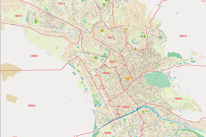 Granada - Plano de la ciudad con distritos postales