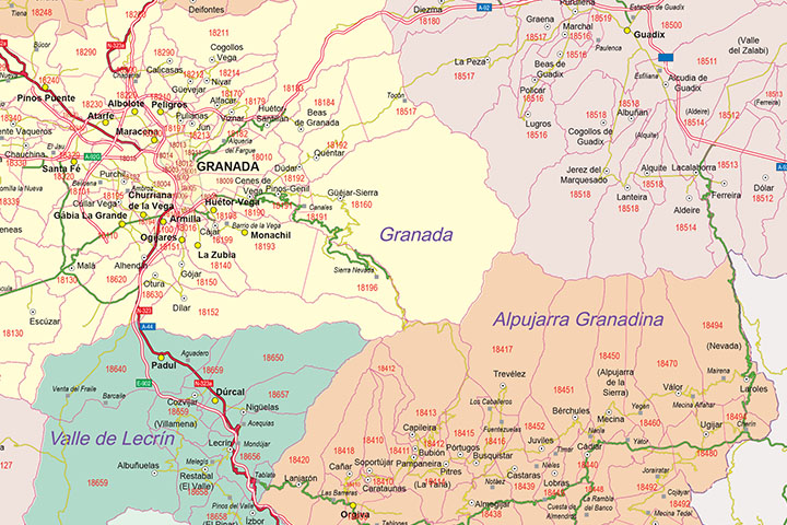 Granada  - mapa provincial con municipios y Códigos Postales