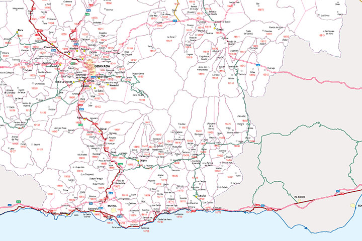 Granada - map of the province with municipalities, postal codes and major roads