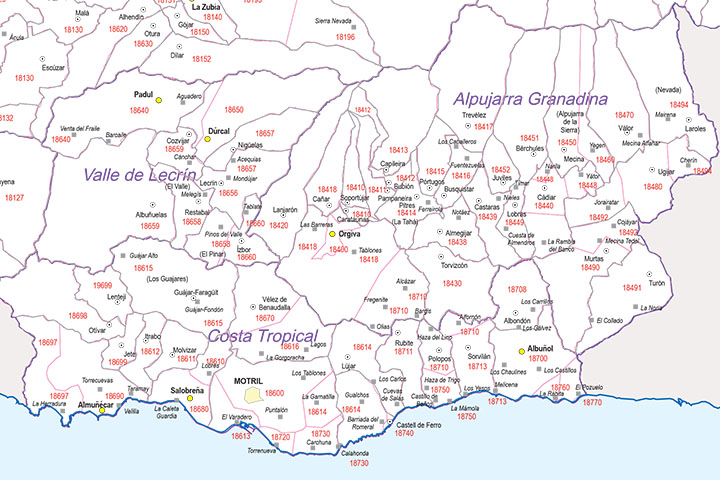 Granada  - mapa provincial con municipios, Códigos Postales y comarcas