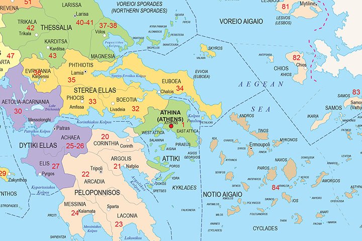 Mapa de Grecia con regiones y codigos postales