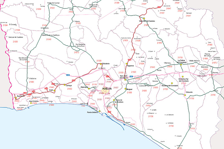 Huelva - mapa provincial con municipios, Códigos Postales y carreteras