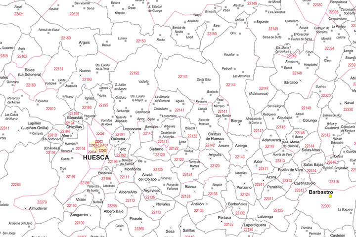Huesca - mapa provincial con municipios y Códigos Postales
