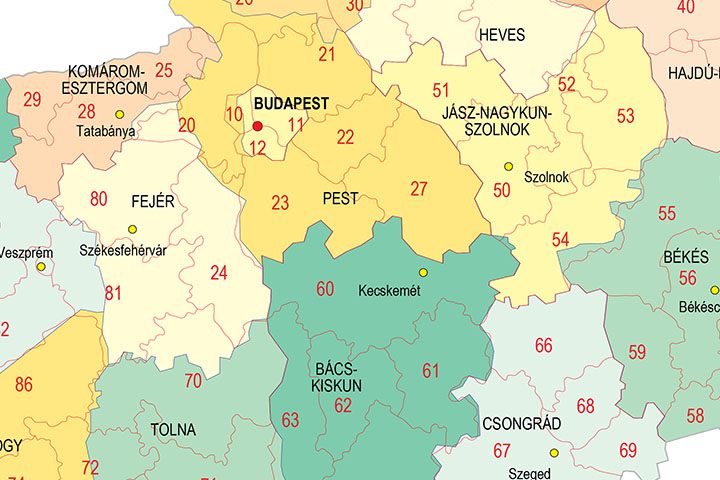 Map of Hungary with regions and Postal Codes