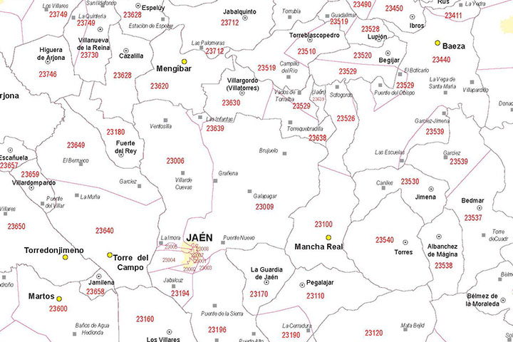 Jaén - mapa provincial con municipios y Códigos Postales