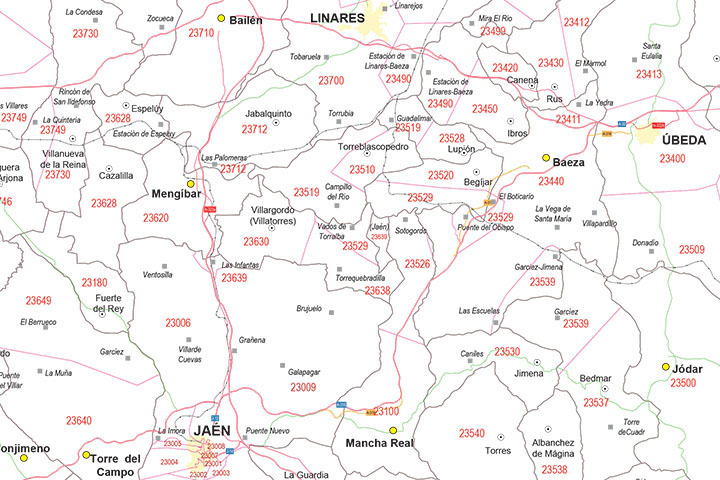 Jaén - mapa provincial con municipios, códigos postales y carreteras
