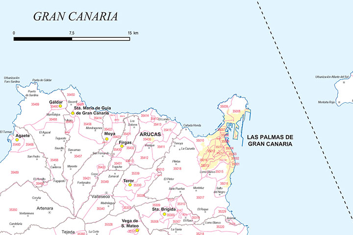 Map of Las Palmas de Gran Canaria with municipalities and postal codes