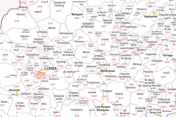 Map of Lleida province with municipalities and postal codes