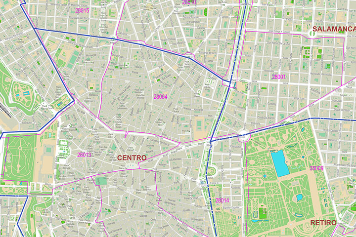 Madrid city map with postal code areas