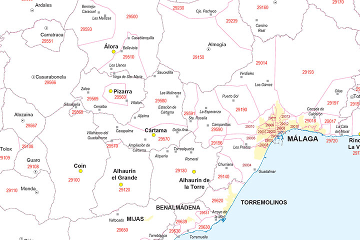 Málaga - mapa provincial con municipios y Códigos Postales