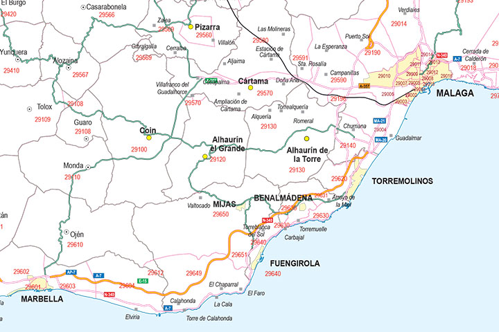 Málaga - mapa provincial con municipios, Códigos Postales y carreteras