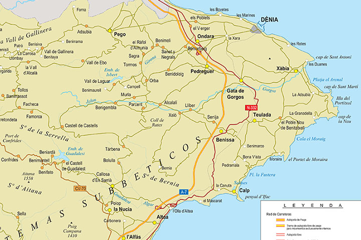 Map of Comarcas Marina Alta and Marina Baixa