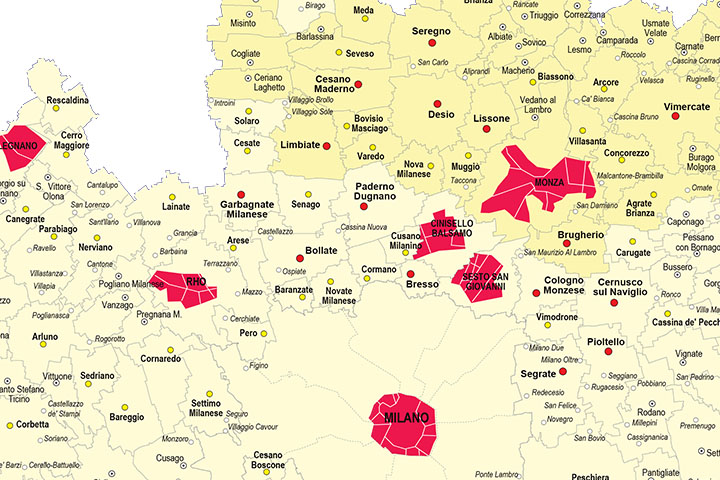 Provincia de Milán con municipios y poblaciones