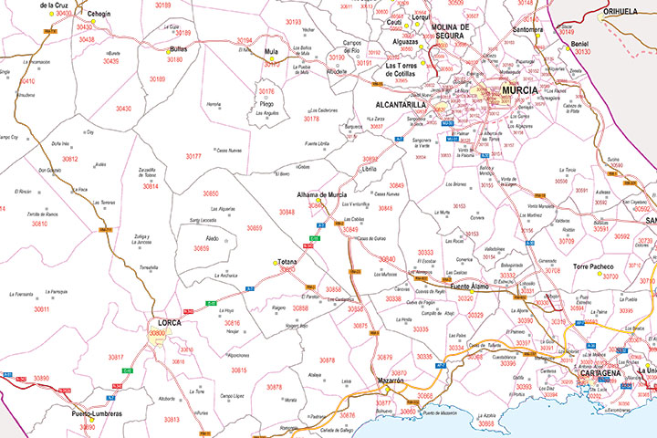 Región de Murcia - mapa autonómico con municipios, Códigos Postales y carreteras