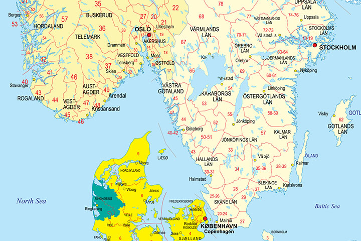 Map of Norway and Sweden with regions and Postal Codes