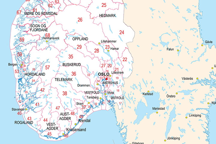 Map of Norway with regions and 2 digit postal codes areas