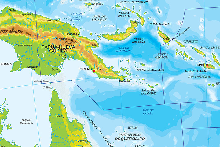 Mapa de Oceania político-físico y relieve