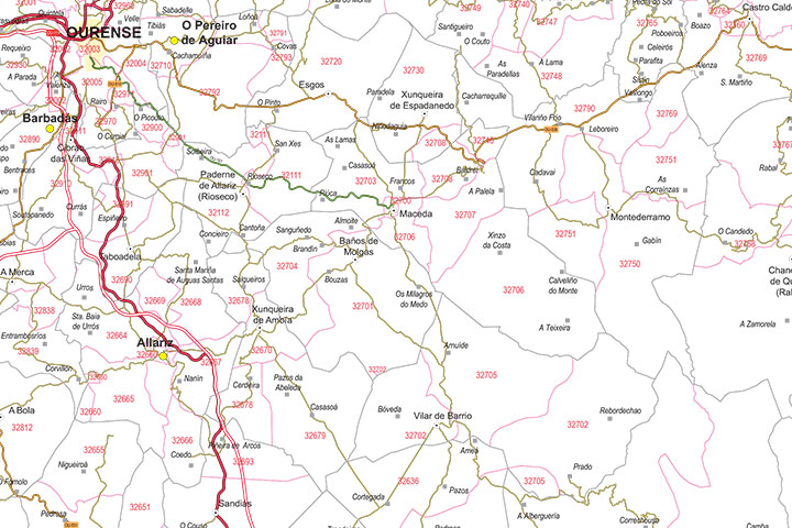 Ourense - mapa provincial con municipios, códigos Postales y carreteras