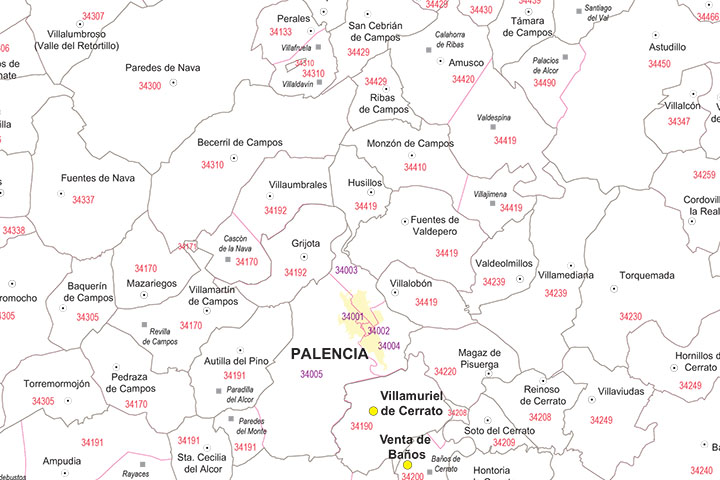 Palencia - mapa provincial con municipios y Códigos Postales