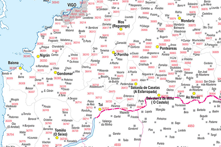 Pontevedra y Norte de Portugal - Mapa de códigos postales