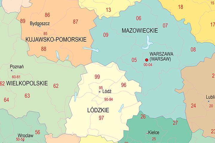 Map of Poland with regions and Postal Codes