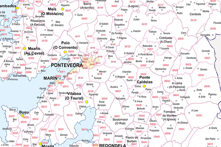 Map of Pontevedra province map with municipalities and postal codes