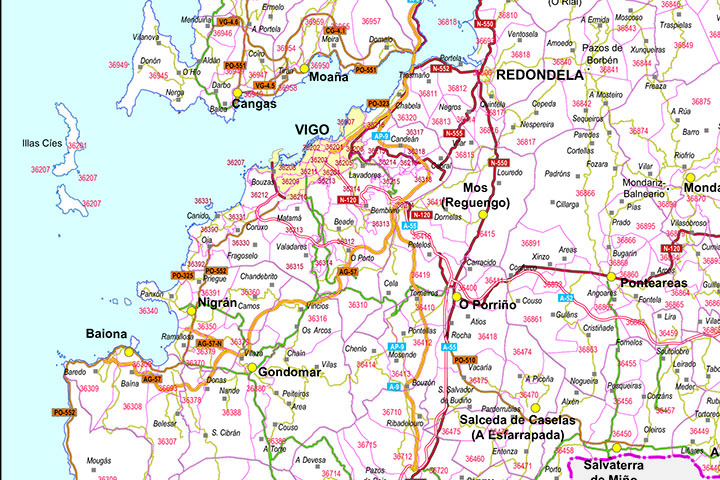 Pontevedra - mapa provincial con Códigos Postales y carreteras