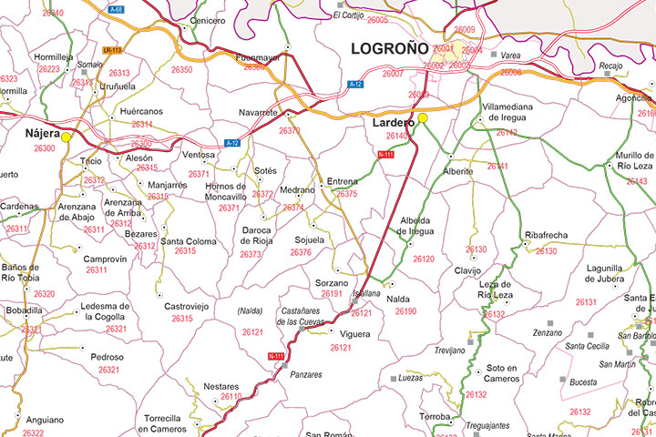La Rioja - mapa autonómico con municipios y Códigos Postales