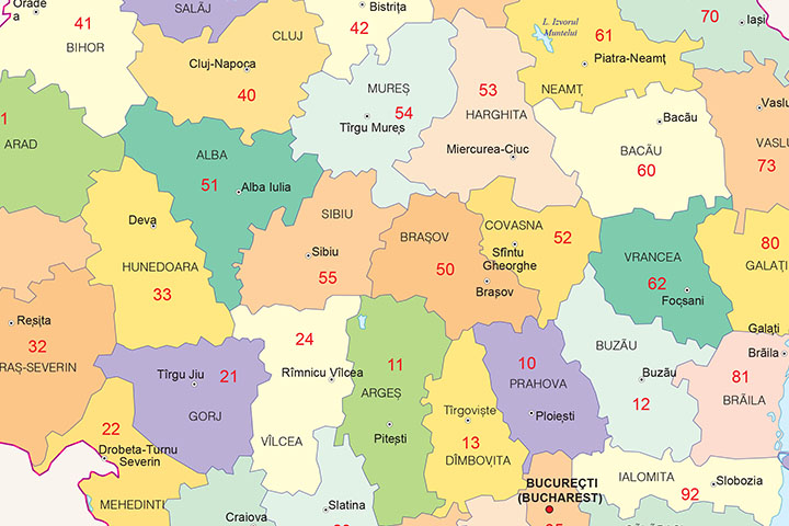 Map of Romania with regions and Postal Codes
