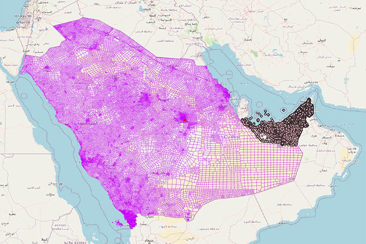 Arabia Saudí y Emiratos - mapa de códigos postales con datos demográficos