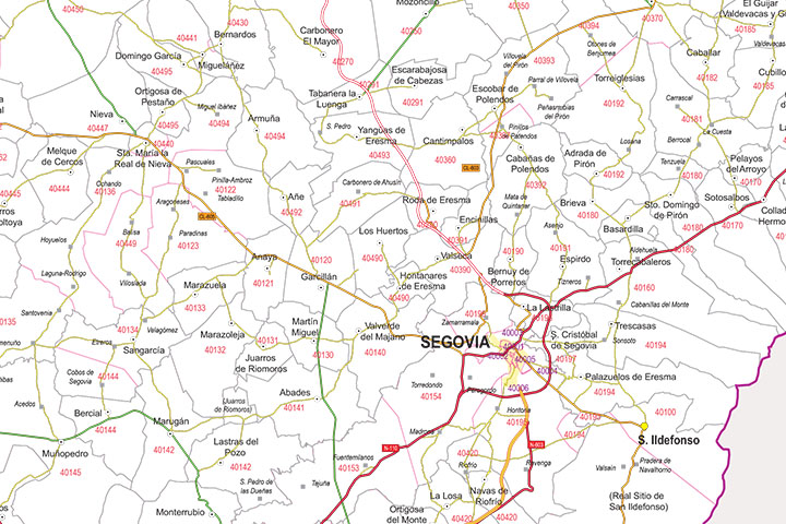 Segovia - mapa provincial con municipios y Códigos Postales