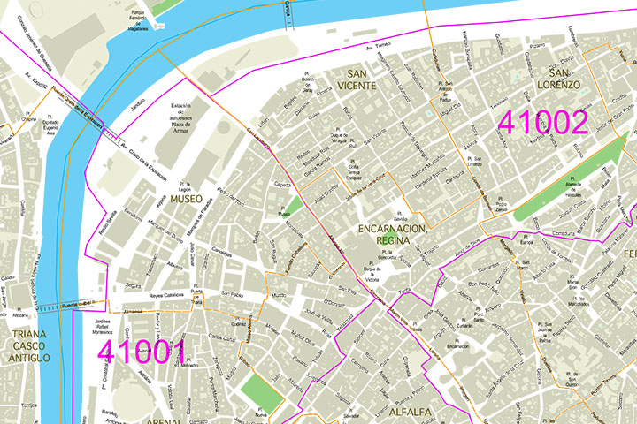 Sevilla City map with postcode areas