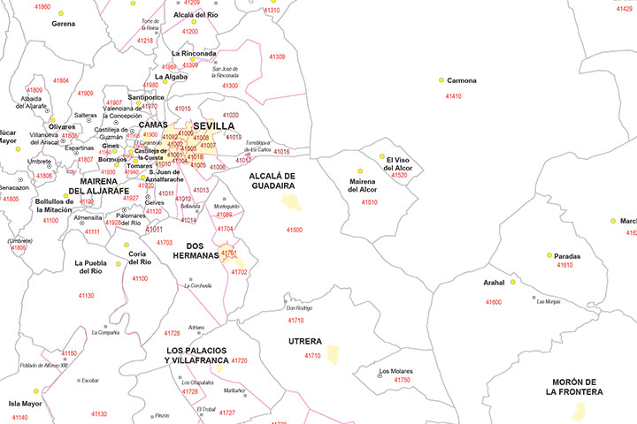 Sevilla - mapa provincial con municipios y Códigos Postales