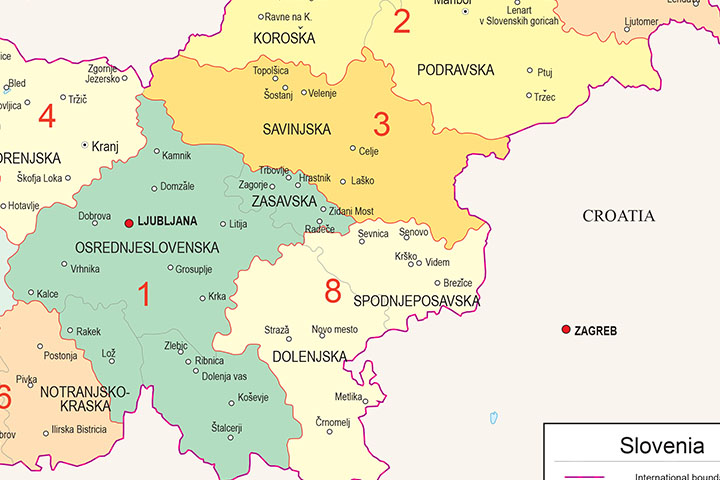 Map of Slovenia with regions and Postal Codes