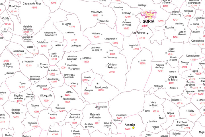Soria - mapa provincial con municipios y Códigos Postales