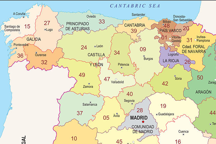 Mapa de España con autonomias, provincias y codigos postales