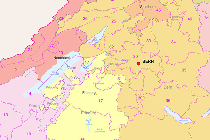 Map of Switzerland with regions and Postal Codes