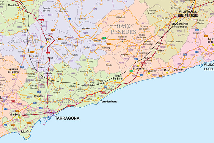 Tarragona - enlarged provincial map with municipalities, comarcas, major roads and postal codes