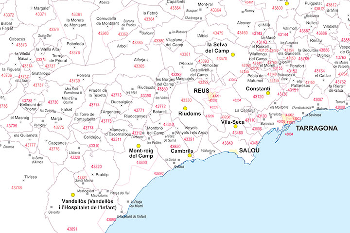 Map of Tarragona province with municipalities and postal codes