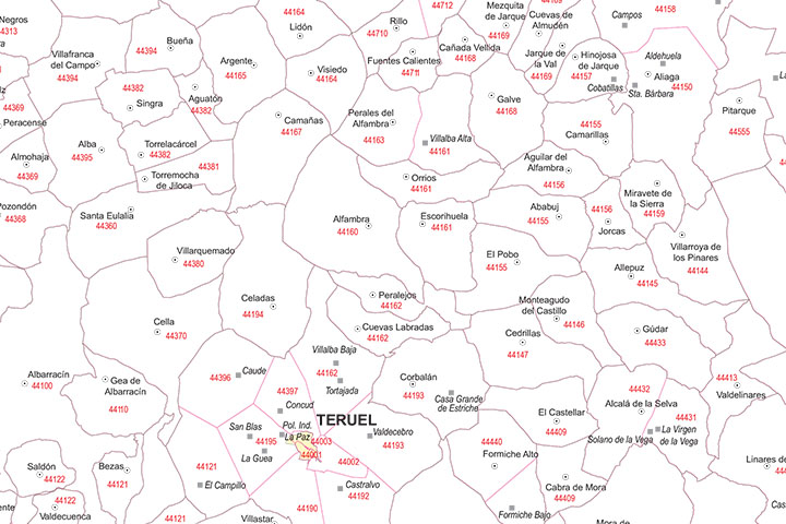 Map of Teruel province with municipalities and postal codes