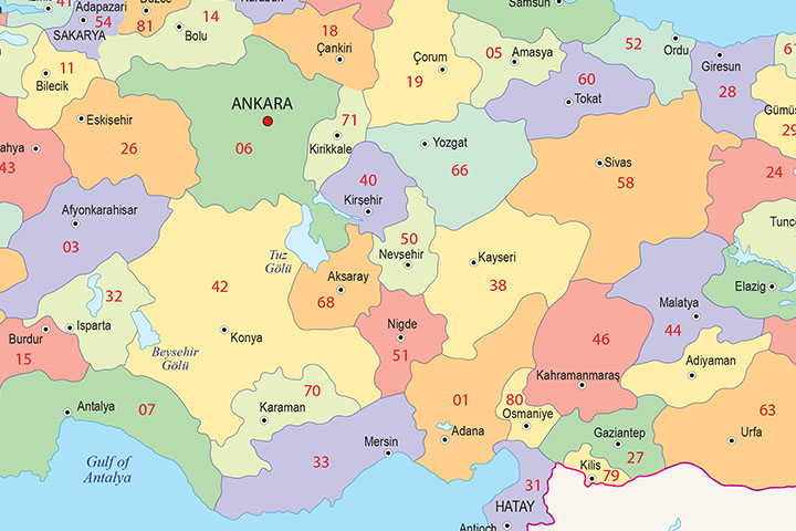 Map of Turkey with regions and Postal Codes