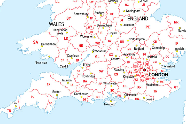 Mapa del Reino Unido con regiones y codigos postales