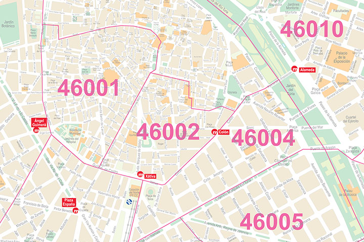 Valencia - Plano de la ciudad con distritos postales