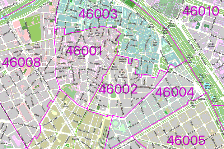 Valencia City map with postcode districts